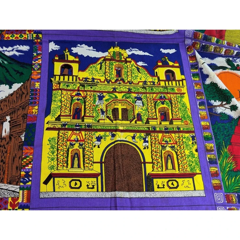 Vintage Guatemalan Fabric Tablecloth San Andres Xecul Church Folk Art 60x96